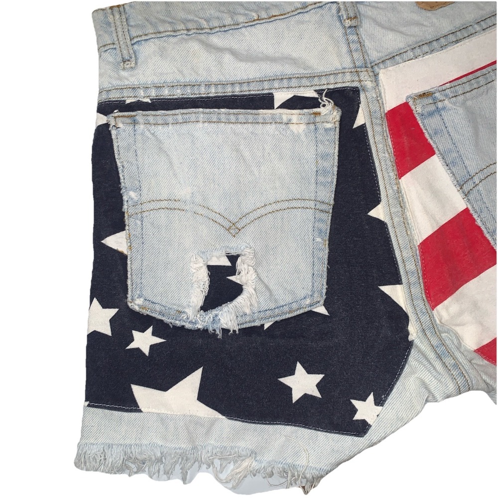 VTG Levis USA Flag Reworked High Rise Cut Off frayed Denim Shorts Distressed 30" - Picture 3 of 13